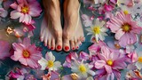 Fototapeta  - a person's feet in a pool of water with flowers around them