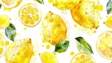 Fototapeta  - a watercolor painting of lemons and leaves on a white background