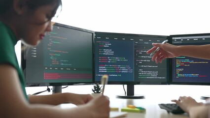 Back end software developer engineer for computer programming working together on debugging writing computing code, solving complex algorithms display on monitor in office. Burgeoning
