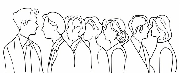 Poster - A simple line drawing of several business people in one continuous line, depicted in black and white on an isolated background Generative AI