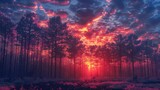 Fototapeta  - sunset on the forest with vaporwave tone color, suitable for wallpaper, poster. Generative AI