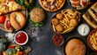 Unhealthy fast food with sauces on wooden table. Top view of various fast foods on the table. National fast food day background concept. copy space. National Junk Food Day