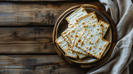 Happy Passover - Happy Pesach. Traditional Passover bread on wooden table. Horizontal banner.