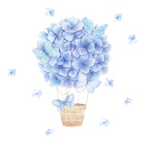 Fototapeta Kwiaty - Floral hot air balloon and butterfly. Watercolor hydrangea. Fantasy print.Hand drawn illustration on white background