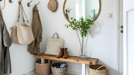 Wall Mural - Scandinavian entrance of the home with functional hooks for coats, a wooden bench for sitting, a mirror for last-minute checks, and baskets for storing shoes