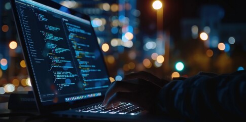 A developer typing on a laptop with code displayed screen. Generate AI image