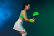 Pickleball tennis player with racket and ball at open tour. Sports woman at the court. Social media template