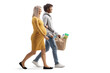 Young african american man carrying grocery bag and walking with a pregnant woman