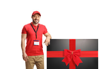 Wall Mural - Salesman with a flat lcd tv screen tied with a red ribbon