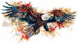 Watercolor painting of an eagle in flight, blending abstract elements with splashes of color.