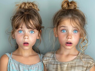 two girls, one of whom looks angry and the other surprised, against a plain background. perfect for 