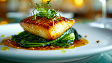 Golden Glazed Black Cod on Pak Choi Bed in Michelin Star Setting