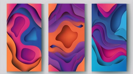 Wall Mural - Vertical banners set with 3D abstract background and paper cut shapes. Vector design layout for business presentations, flyers, posters and invitations. Colorful carving art