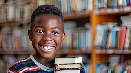 Wall Mural - Portrait of african american schoolboy leaning on desk with classmates in background. Happy young kid sitting and leaning chin on stacked books. Portrait of elementary pupil looking at camera.