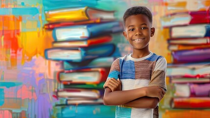 Wall Mural - Portrait of african american schoolboy leaning on desk with classmates in background. Happy young kid sitting and leaning chin on stacked books. Portrait of elementary pupil looking at camera.