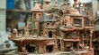 Craft a clay sculpture showcasing an urban scene from a unique side angle, blending fantasy elements with everyday structures for a magical realism twist