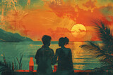 Fototapeta Tęcza - A young couple admires the sunset at the golden hour, chatting with each other and drinking.
