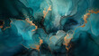 abstract fluid art in luxurious blue and turquoise hues with gold accents and copy space.