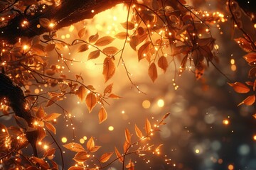 Wall Mural - Autumn leaves aglow with warm fairy lights