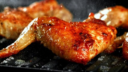 Wall Mural - Super slow motion Chicken wing are fried in a pan. High quality FullHD footage