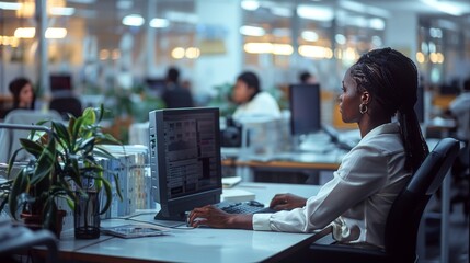 Wall Mural - african american business woman sitting at desk looking at computer, co-workers at desks with computers background 