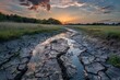 Dried Riverbed Landscape, Cracked Bottom with Small Puddles, Global Warming Concept