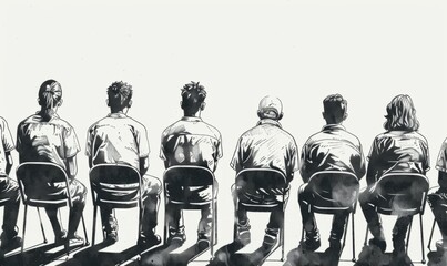 black and white ink on pure background of the same color , people sitting in row with their backs to each other Generative AI