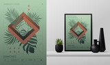 Fototapeta Miasta - Vector gradient minimalistic rave Poster with strange wireframes graphic of geometrical shapes Y2K design inspired by brutalism and mockup in the interior, tropical leaves with impossible shape