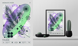 Fototapeta Miasta - Vector gradient minimalistic rave Poster with strange wireframes graphic of geometrical shapes Y2K design inspired by brutalism and mockup in the interior, lilac lime torus frame with tropical leaves