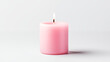 One singular glowing light pink candle on white background