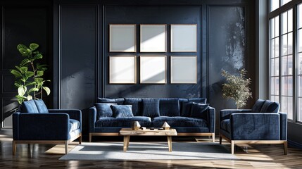 Wall Mural - Modern living room interior with a blue sofa and armchair. Generate AI image