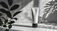 White Cosmetic Tube Cream With Black Lid On Grey Background