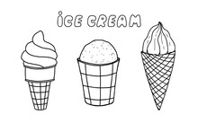 Collection Of Ice Cream In A Waffle Cone  Cup Line Art