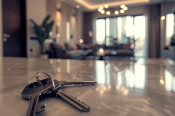 Realistic photo of keys on the counter in modern room. Generate AI image