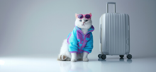 Illustration originale d'un chat blanc avec sa valise, photo de vacances, fond neutre gris, portrait fun et décalé