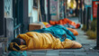 Homeless People Sleeping In Sleeping Bag And Cardboard In A Street. Concept Of Financial Crisis. Unemployment. Lose Job. Vulnerable Groups.