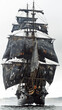 Front view of a black pirate ship vessel piercing through the fog .