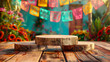 Empty wooden podium againts colorful decoration of Cinco de Mayo background in backyard for product display