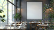 Mockup Blank Frame Isolated On Decent Restaurant Background With Dining Table And Chairs, Bright Window Lights.