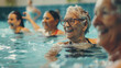 Seniors Doing Water Exercises. Group Of Elder Women At Aqua Gym Session. Joyful Group Of Friends Having Aqua Class In Swimming Pool.