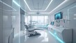 In this futuristic dental office, a sleek and modern aesthetic prevails with white walls and accents of blue, creating a calming atmosphere
