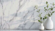 Vase And Plants Isolated On White Marble Table And White Marble Backgrounds With Copy Space. Apartment Or Kitchen Interior Design.