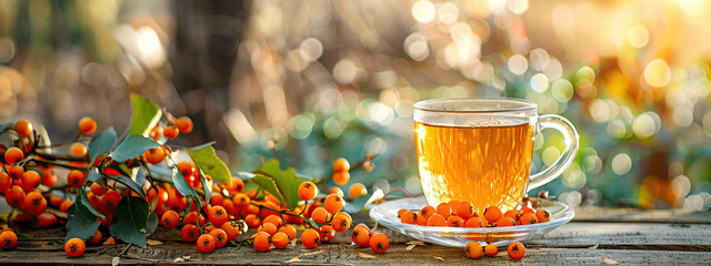 Wall Mural - tea with sea buckthorn on the background of nature