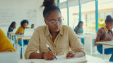 Fototapeta  - Young female student sitting in classroom, writing an exam. African American girl attending lecture at college or university, school lesson. Students studying in class