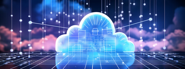 cloud computing technology concept transfer database to cloud. There is a prominent large cloud icon in the center and a small white icon on the connected polygons with a dark blue background.