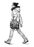 Fototapeta Koty - Woman,casual,handbag, striding,profile,sketch, doodle, one, young people, realistic, vector,handdrawn, isolated on white