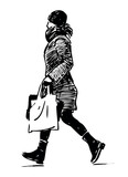 Fototapeta Koty - Woman,casual,shopping bag, striding,profile,sketch, doodle, one, young people, realistic, vector,handdrawn, isolated on white