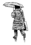 Fototapeta Koty - Woman,umbrella,coat,handbag, back view,striding,alone,modern,sketch,doodle,realistic, vector, hand drawn illustration, isolated on white
