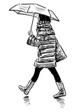 Fototapeta Koty - Woman,umbrella,coat,handbag,fashion,scarf, profile, young people,striding,alone,modern,sketch,doodle,realistic, vector, hand drawn illustration, isolated on white