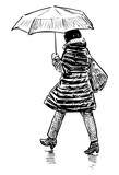 Fototapeta Koty - Woman,umbrella,coat,handbag,fashion,city dweller,side view,striding,alone,modern,sketch;doodle,realistic, vector, hand drawn illustration, isolated on white